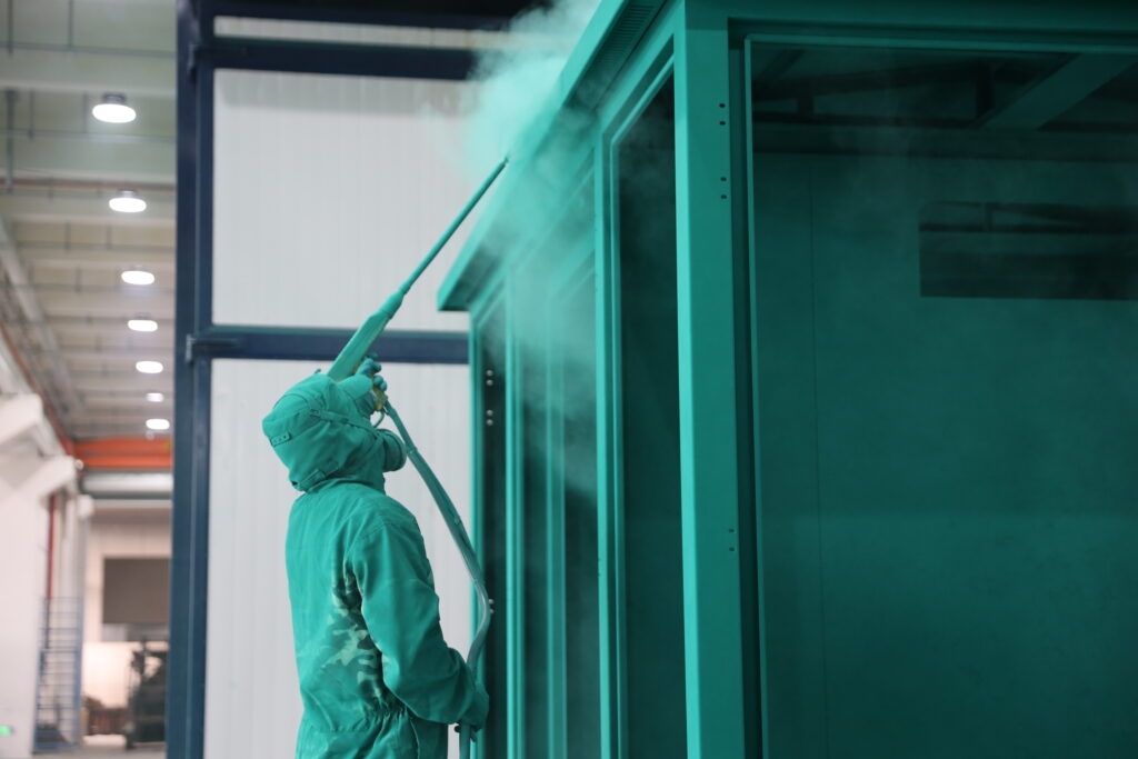 Powder coating spray application process on production line