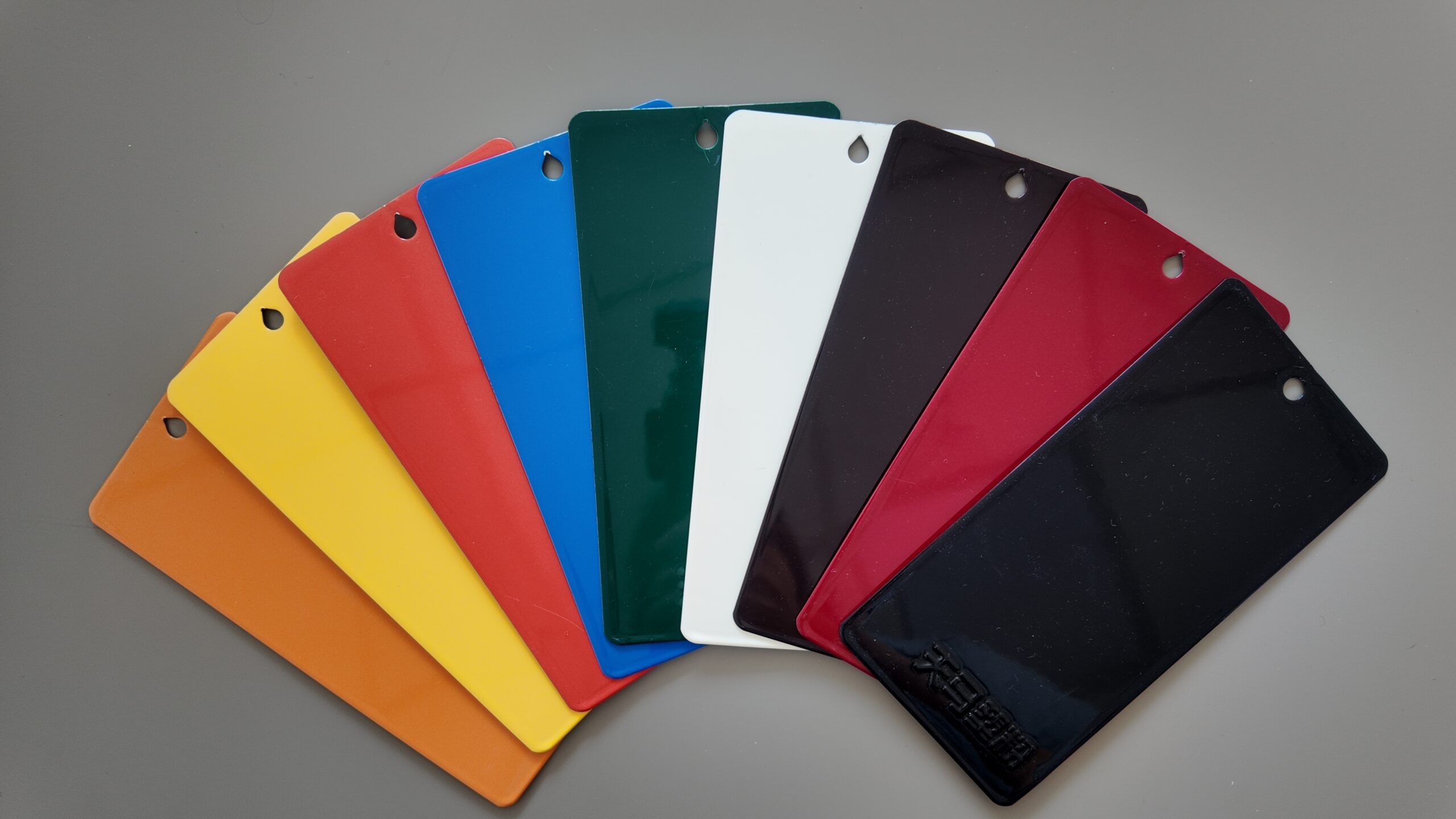 Tianma powder coating color samples - 12 standard and custom colors with gloss, matte, and textured finishes for industrial applications
